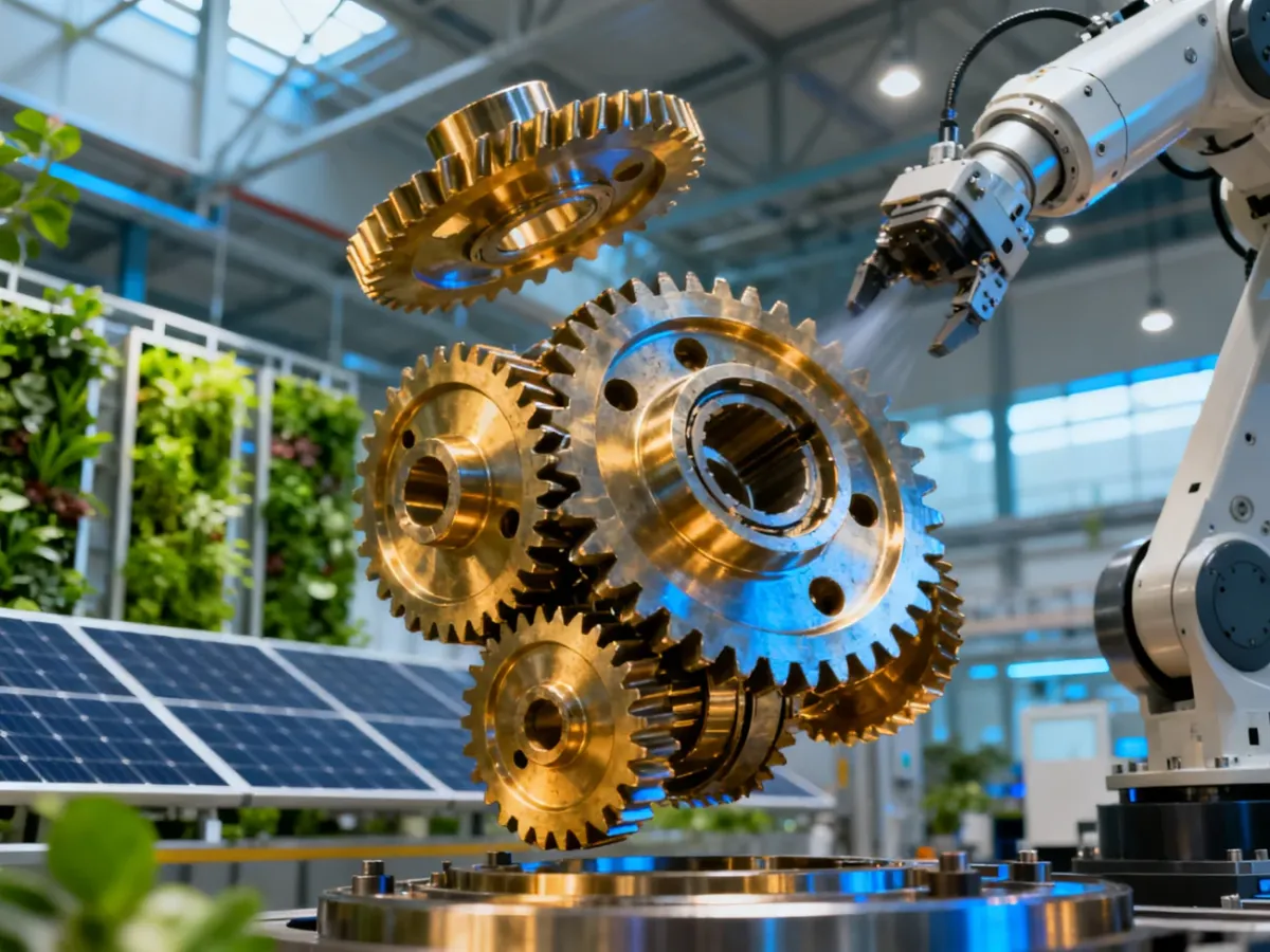 Mechaniczne ramiona montujące części przekładni z recyklingu w nowoczesnej fabryce z zieloną energią w tle.
