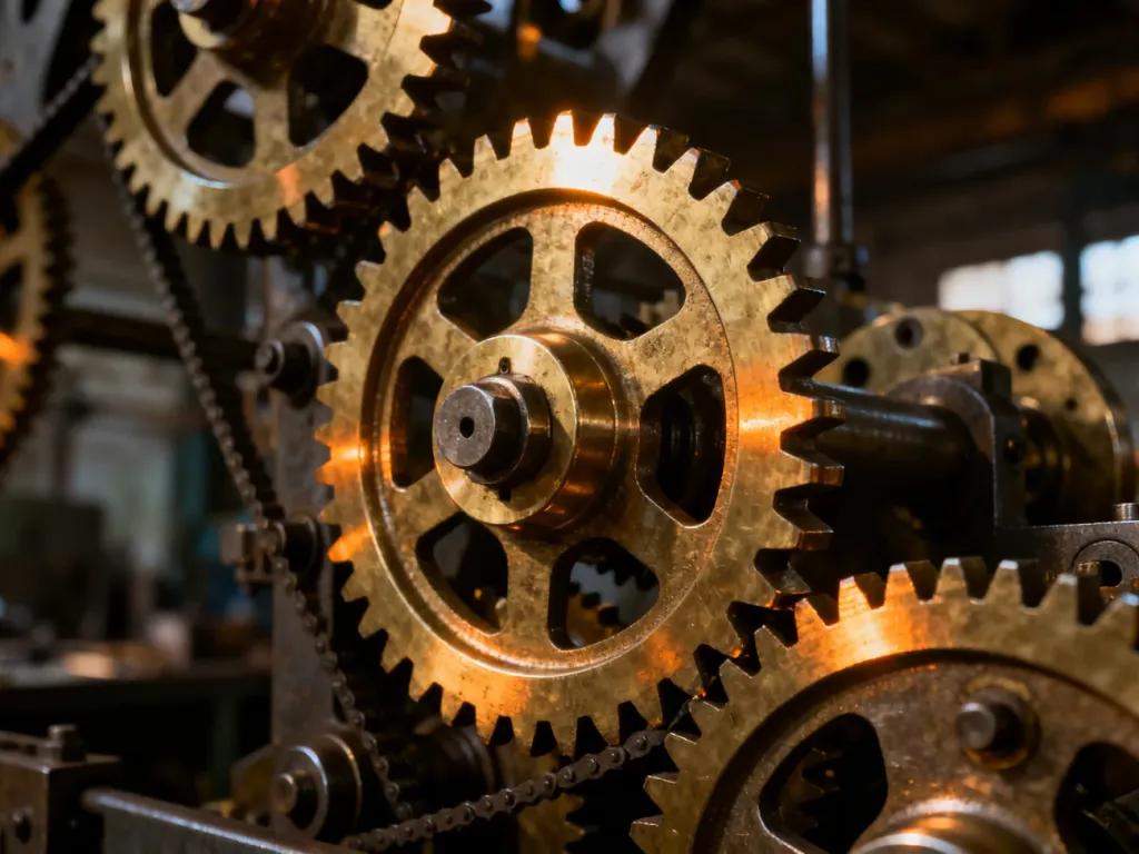 Zbliżenie na precyzyjne, zazębione koła zębate z mosiądzu i stali, symbolizujące działanie mechanizmu przekładni.