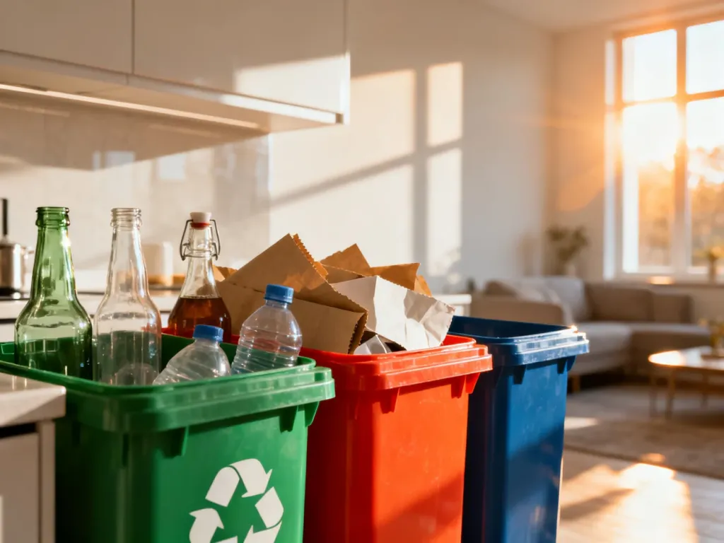 Kolorowe pojemniki do segregacji szkła, papieru i plastiku w nowoczesnej kuchni, zachęcające do dbania o środowisko.