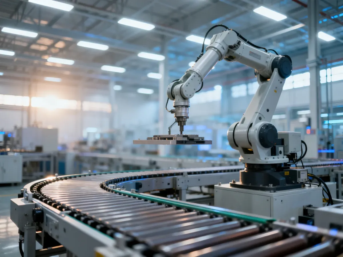 Nowoczesna, zautomatyzowana linia produkcyjna z ramionami robotycznymi w profesjonalnej hali fabrycznej.