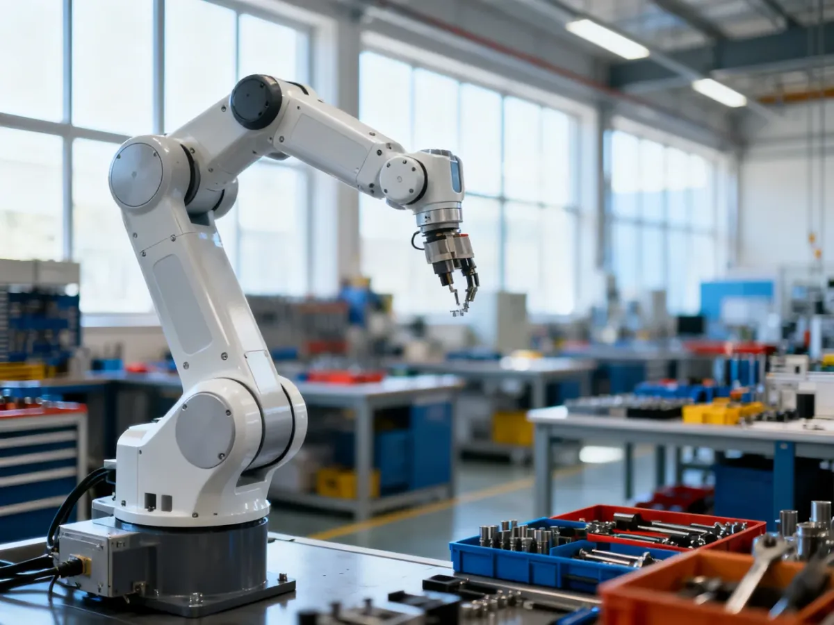 Nowoczesne ramię robotyczne w hali produkcyjnej, symbolizujące wydajność i systemowe podejście do utrzymania ruchu w TPM.