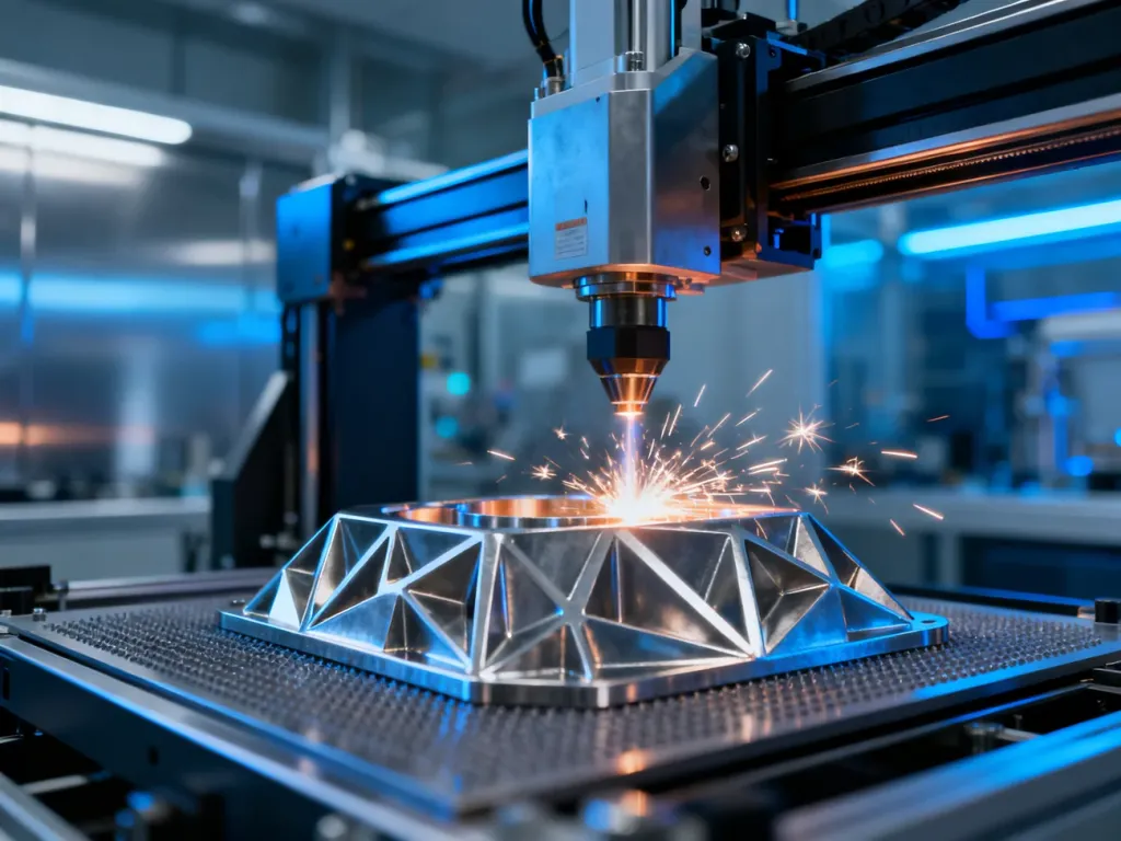 Przemysłowa drukarka 3D tworząca metalowy detal w nowoczesnym laboratorium, obrazująca proces produkcji addytywnej.