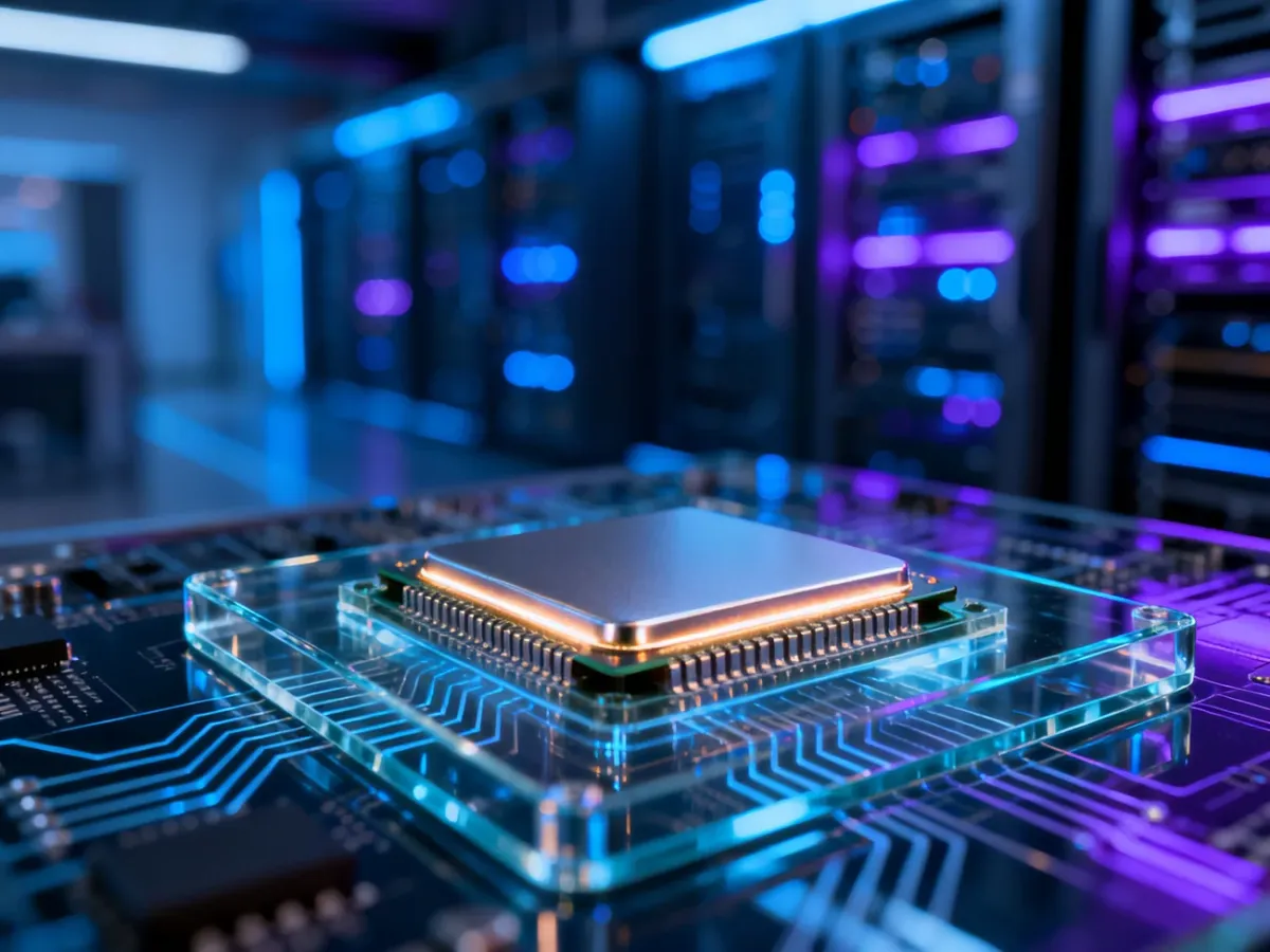 Nowoczesny mikrochip na szklanej płytce drukowanej na tle serwerowni, symbolizujący zaawansowane technologie.