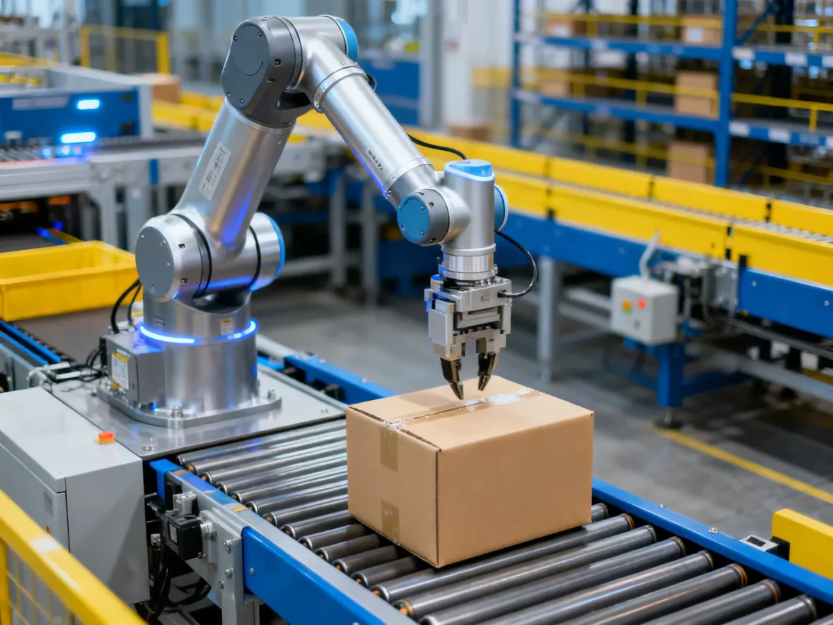 Zrobotyzowane ramię precyzyjnie umieszcza paczkę na taśmie produkcyjnej w nowoczesnym, zautomatyzowanym magazynie.