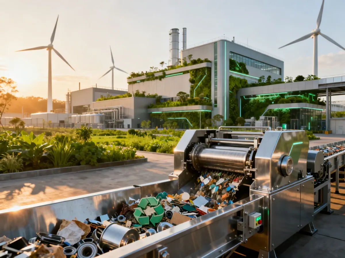 Nowoczesna fabryka z turbinami wiatrowymi i maszyną do recyklingu, symbolizująca wdrożenie gospodarki obiegu zamkniętego.