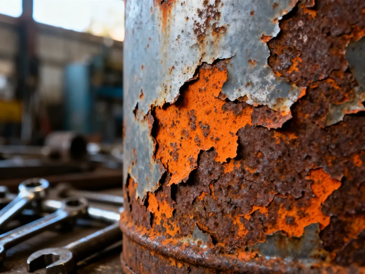 Zbliżenie na zardzewiałą powierzchnię metalu, ukazujące proces korozji i łuszczącą się strukturę materiału.