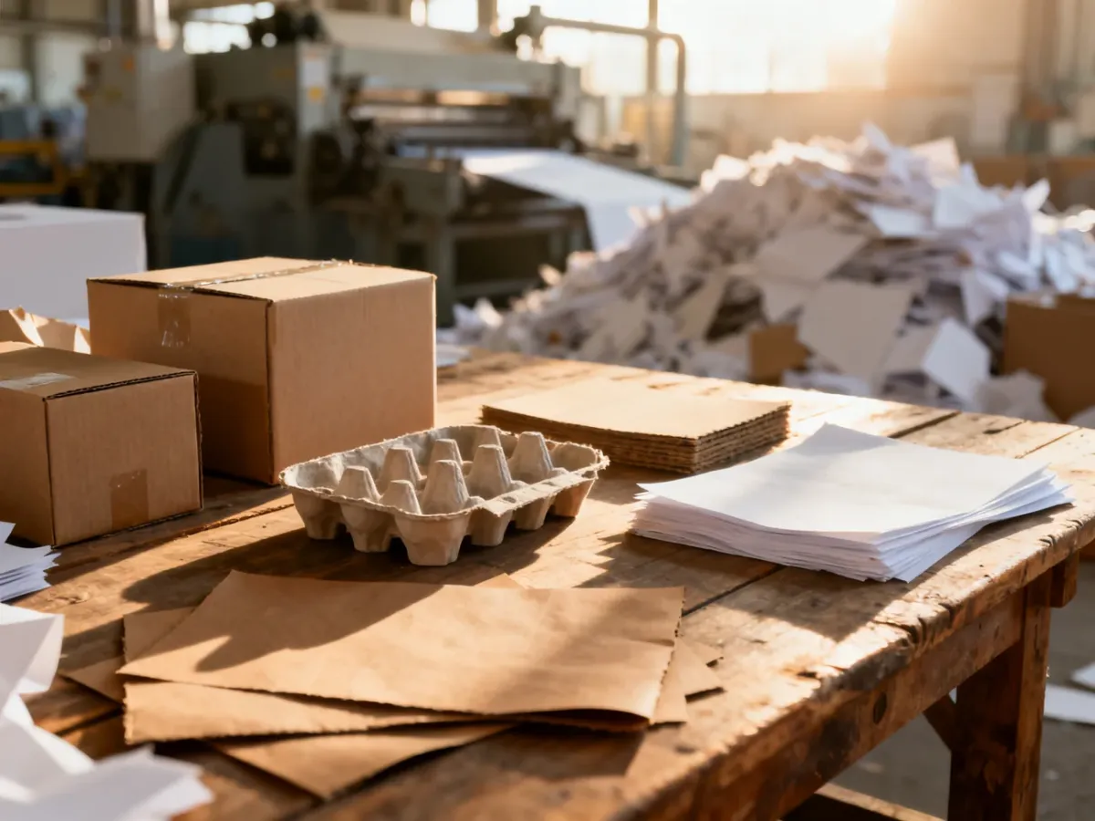 Produkty z makulatury, takie jak kartony i wytłaczanki do jajek, ułożone na drewnianym stole w tle zakładu recyklingu.