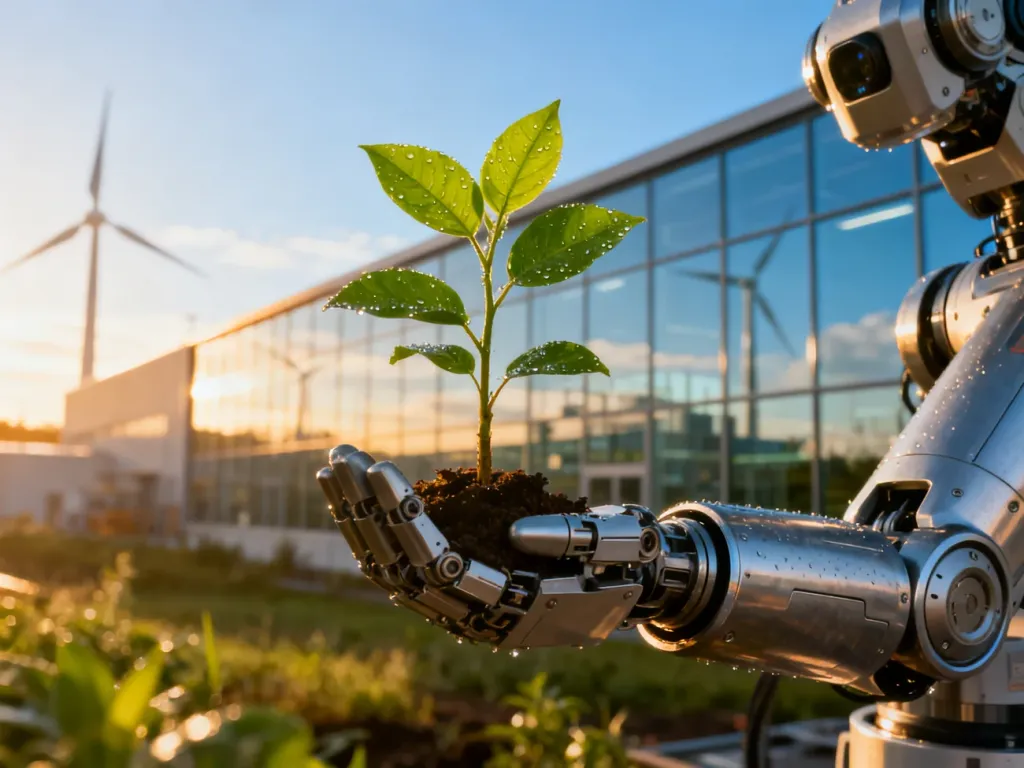 Zrobotyzowane ramię trzymające sadzonkę na tle nowoczesnej, ekologicznej fabryki, symbolizujące zrównoważony przemysł.