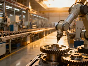 Precyzyjna głowica frezarki CNC podczas obróbki metalu w nowoczesnej, zautomatyzowanej hali produkcyjnej.