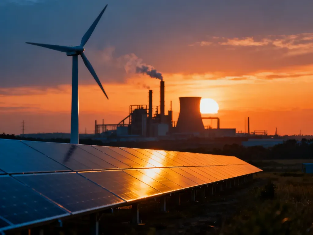 Nowoczesna fabryka wykorzystująca energię wiatrową i słoneczną, symbolizująca przejście przemysłu na ekologiczne źródła energii.