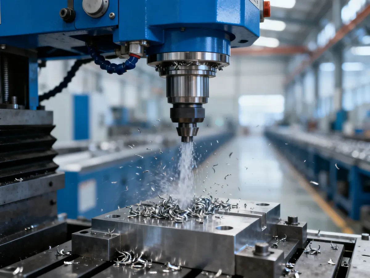 Precyzyjna głowica frezarki CNC podczas obróbki metalu w nowoczesnej, zautomatyzowanej hali produkcyjnej.