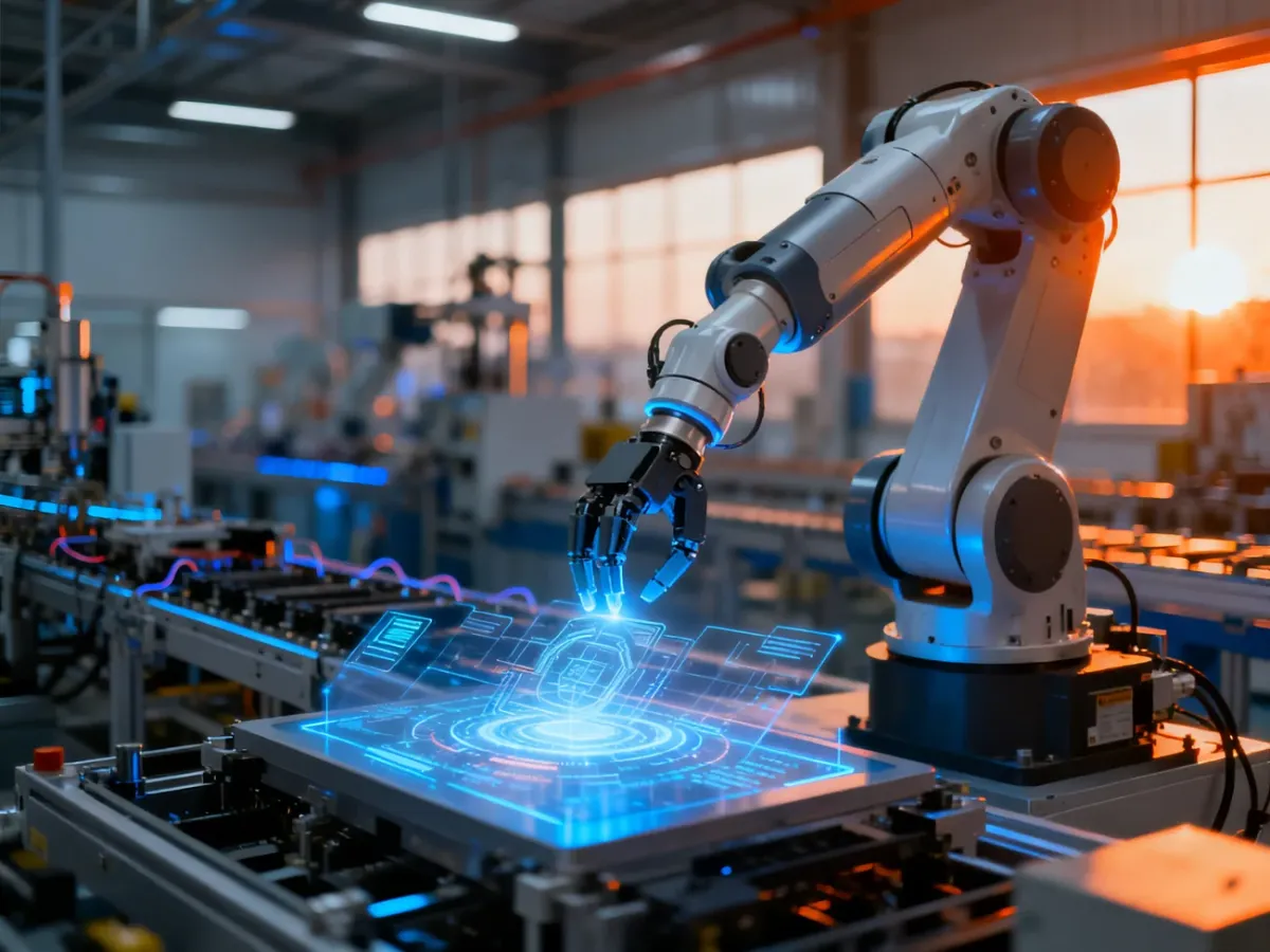 Zautomatyzowane ramię robotyczne w nowoczesnej, inteligentnej fabryce, ilustrujące koncepcję Przemysłu 4.0.
