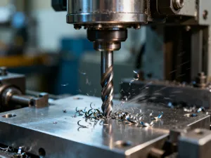 Precyzyjna głowica frezarki CNC podczas obróbki metalu w nowoczesnej, zautomatyzowanej hali produkcyjnej.