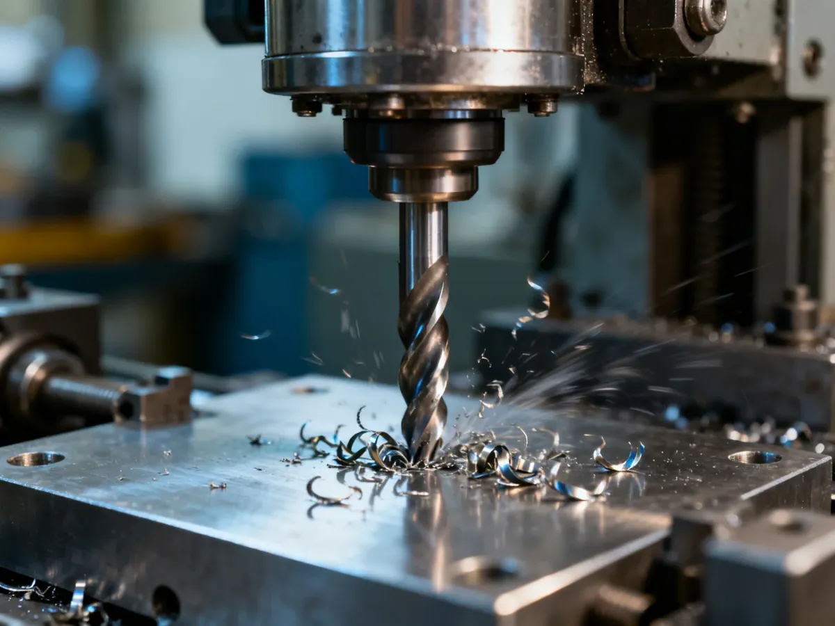 Głowica frezarki CNC precyzyjnie obrabiająca metalowy element, z widocznymi wiórami powstającymi podczas procesu skrawania.