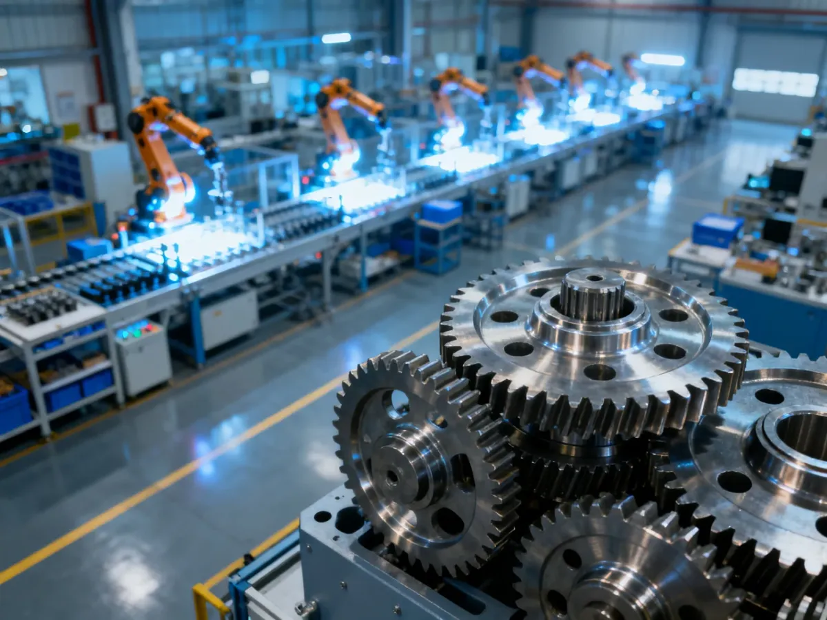 Nowoczesna hala produkcyjna z precyzyjnym mechanizmem zębatym na pierwszym planie i zautomatyzowanymi robotami w tle.