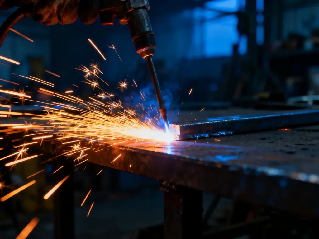 Proces spawania elektrycznego z widocznymi iskrami i roztopionym metalem w warunkach warsztatowych.