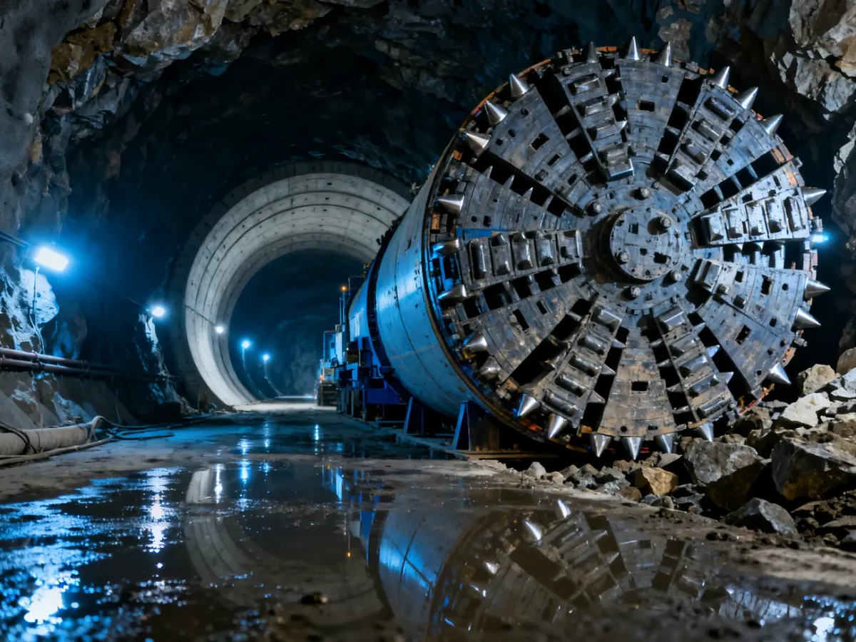 Potężna głowica drążąca maszyny TBM pracująca w skalnym tunelu podczas budowy podziemnej infrastruktury.