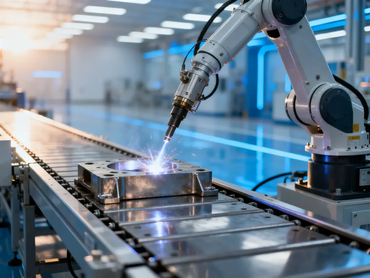 Zautomatyzowane ramię robotyczne precyzyjnie wykonuje spawanie metalowego elementu na nowoczesnej linii produkcyjnej.