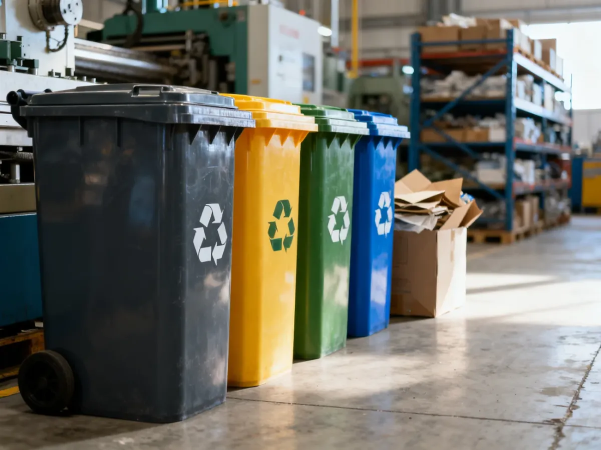 Kolorowe kosze do segregacji odpadów ustawione w hali produkcyjnej, ułatwiające recykling w zakładzie.