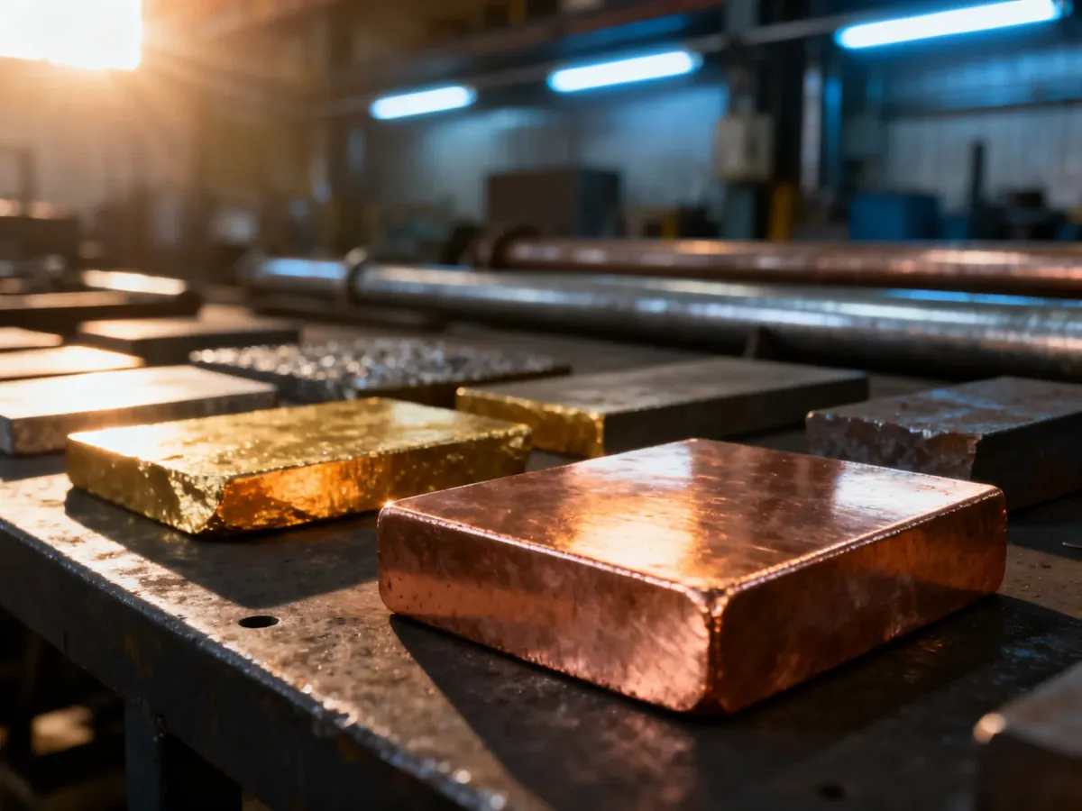 Zbliżenie na próbki surowych metali, w tym miedzi, złota i żelaza, prezentujące różnorodne tekstury i właściwości materiałów.