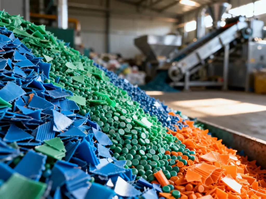 Kolorowe płatki i granulki z przetworzonego plastiku w zakładzie recyklingu, gotowe do ponownego wykorzystania.