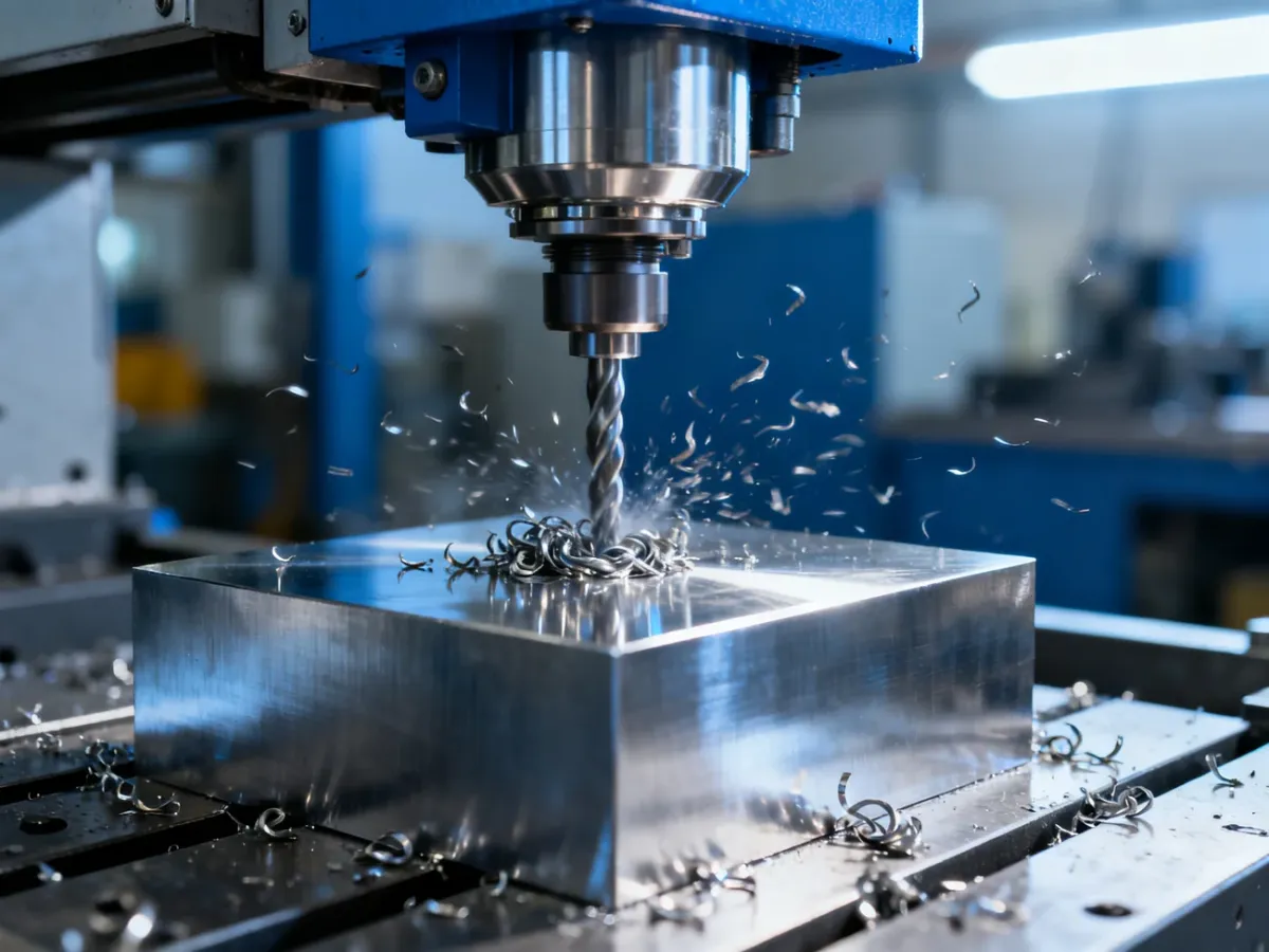 Głowica frezarki CNC precyzyjnie obrabia stalowy blok, tworząc wióry metalowe w nowoczesnym warsztacie przemysłowym.