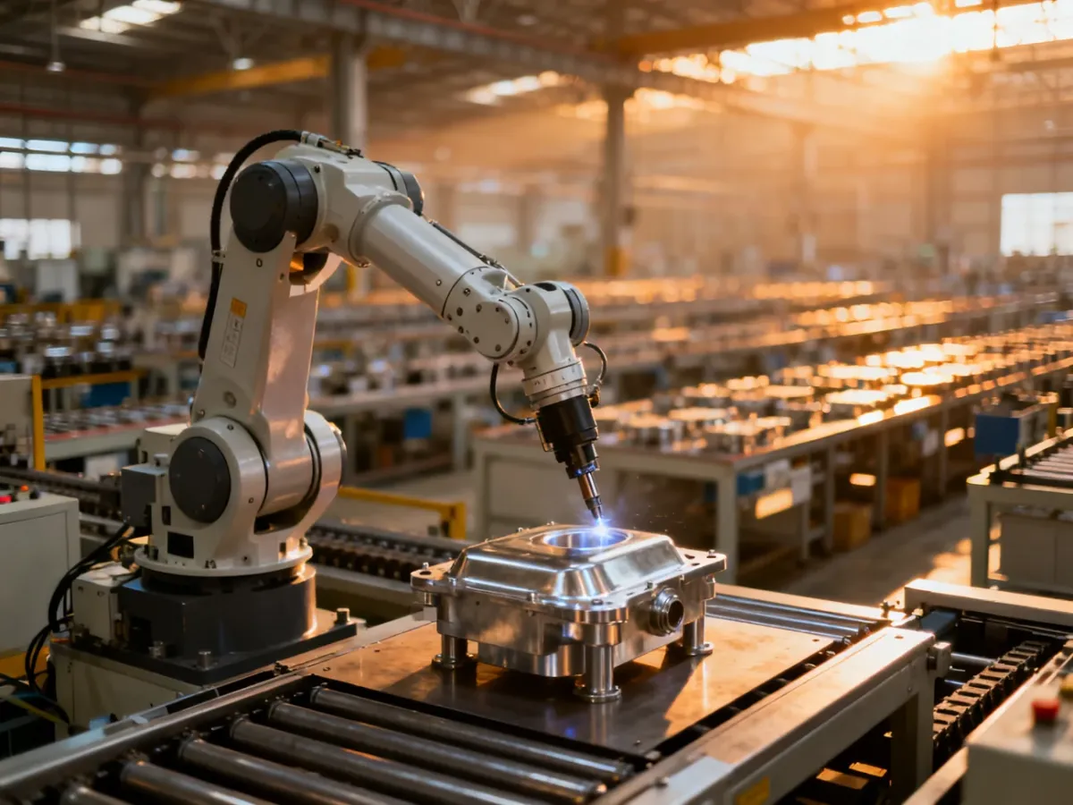 Zautomatyzowana linia produkcyjna z działającym ramieniem robota w nowoczesnej hali fabrycznej.