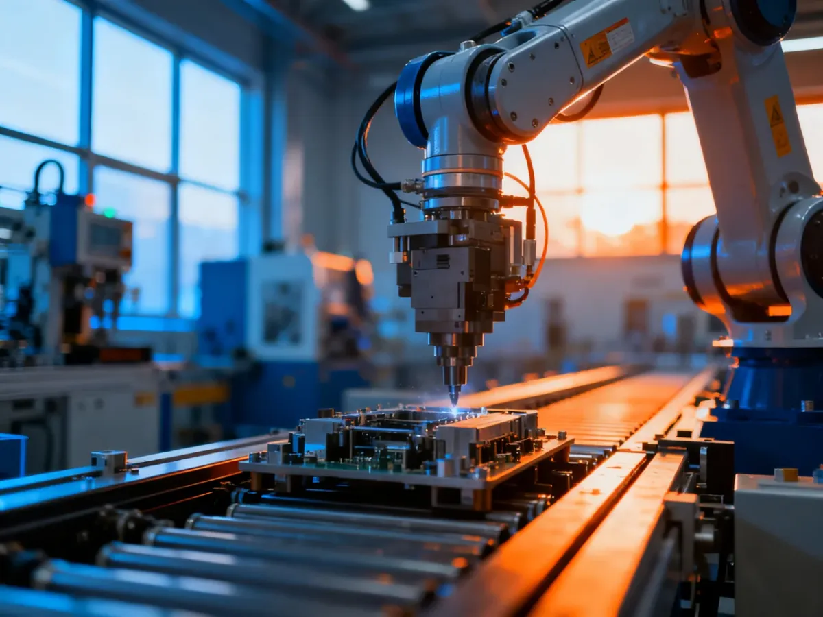 Zautomatyzowana linia produkcyjna z robotami w nowoczesnej fabryce, ilustrująca proces produkcji masowej.