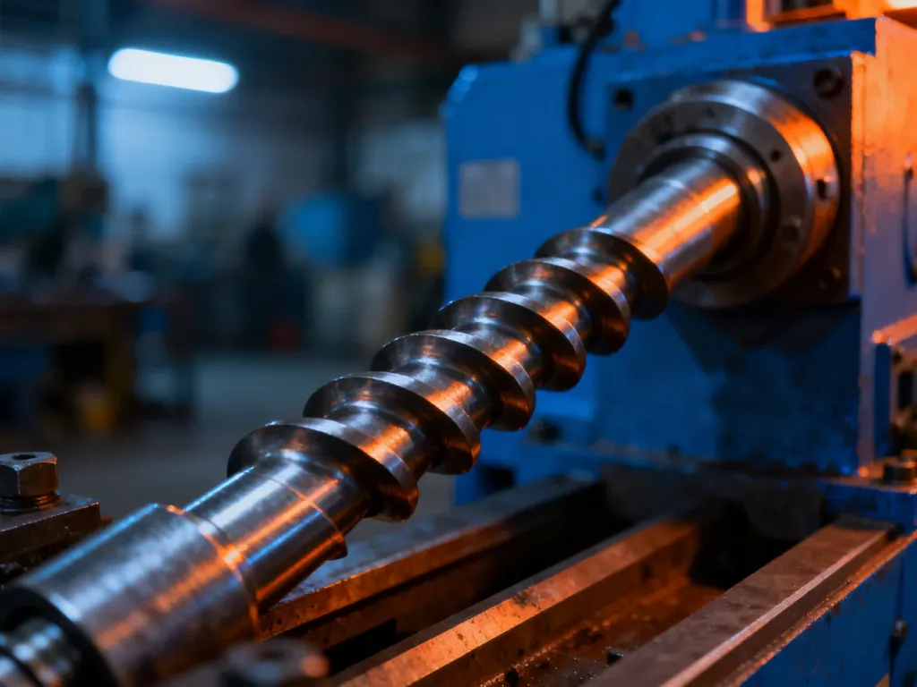 Zbliżenie na precyzyjny ślimak wtryskarki z widocznymi detalami konstrukcyjnymi i metaliczną fakturą stali.