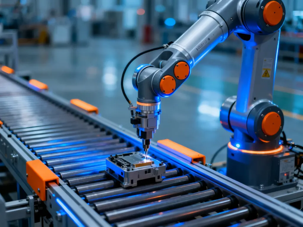 Zautomatyzowane ramię robotyczne precyzyjnie montuje element na linii produkcyjnej w nowoczesnej fabryce.